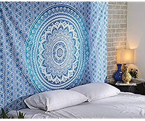 Aakriti Gallery Baumwolle Mandala Wandteppich Wandbehang - Böhmische Tagesdecke, Boho Decke/Überwurf Wandteppiche für Wohnzimmer, Wohnkultur (Blue, 235 x 210 cms)