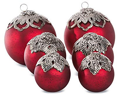 Loberon Weihnachtsschmuck 6er Set Valyn, DREI Großen, Mundgeblasen, fein Gearbeitete Ornamente, Weihnachtskugeln, Christbaumschmuck, Glas, Eisen, rot/Silber