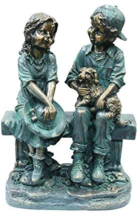 Alpine Corporation 41 cm Tall Indoor/Outdoor Girl and Boy Sitting on Bench with Puppy Statue Yard Art Decoration
