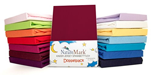 2er Sparpack Kinder Spannbettlaken Jersey 100% Baumwolle für Kinderbettmatratzen ÖKO Tex Geprüft- Gr. 70 x 140 cm, Bordeaux / Weinrot