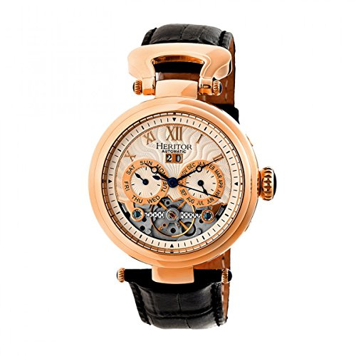 HERITOR Ganzi Automatic Watch for Men – 44mm Men’s Semi-Skeleton Watch with 35-Jewel Movement, 316L Stainless Steel Case, Sapphire-Coated Crystal, Leather Strap (HERHR3305) – Rose Gold/Silver