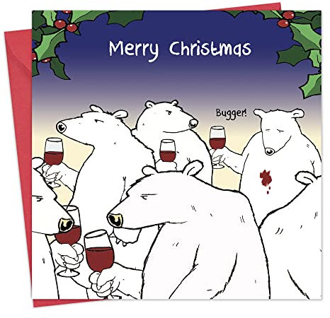 Twizler Merry Christmas Karte mit Polar Bär, Party, Wein und Kerl – Happy Weihnachten – XMAS Karte – Funny Christmas Card – Damen Weihnachten – Herren Weihnachten Karte