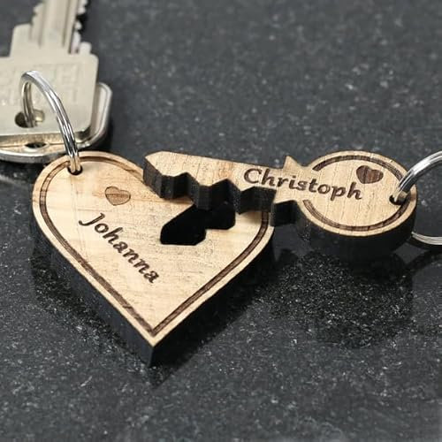 Porte-clés de l'amour en bois véritable personnalisable, Herz mit Schlüssel