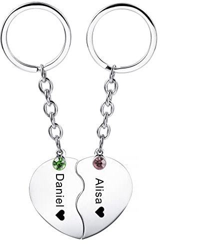 MeMeDIY Personnalisé Couple Porte-clés Ensemble Gravure De Pierre De Naissance Nom/Date pour Femmes Hommes en Acier Inoxydable Correspondant Coeur Puzzle Charme Porte-clés Amant Relation Cadeau