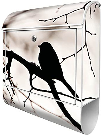banjado® Design Briefkasten mit Früher Vogel 38,5x46,5x13cm & 2 Schlüssel - Briefkasten Stahl weiß mit Zeitungsfach pulverbeschichtet - Postkasten A4 Einwurf inkl. Montagematerial
