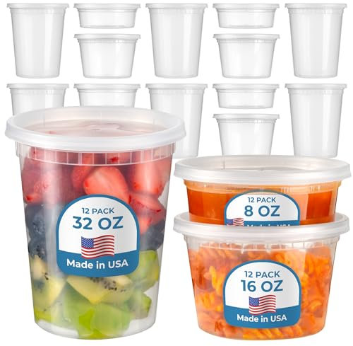 Fit Meal Prep Food Storage Containers With Lids, Round Plastic Deli Cups, Us Made, 8, 16, 32 Oz, Cup Pint Quart Size, Leak Proof, Airtight, [36 Pack] Mixed Sizes Clear