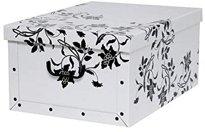 Kreher XXL Dekokarton, Aufbewahrungsbox mit Deckel und Griffen. 45 Liter Volumen. Verschiedene Motive (Barock Blume Weiß)