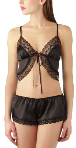 Black Satin Lace Seam Babydoll with Lace Front and French Knickers, M/L