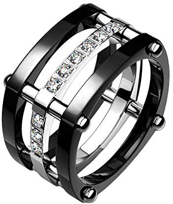 Mianova Band Ring Titan 3 teilig viereckig mit Zirkonia Herrenring Damenring Partnerring Verlobungsring Damen Herren Schwarz Silber Größe 65 (20.7)