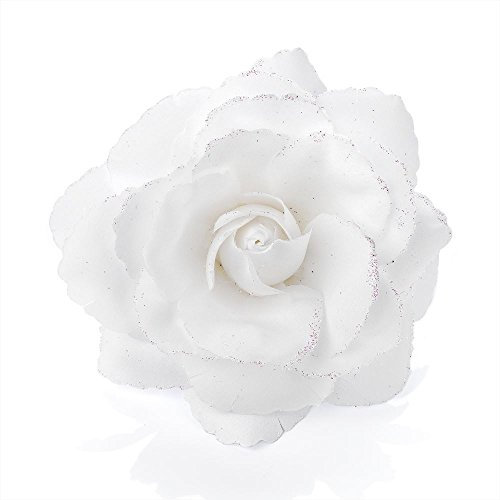 Large White Glitter Edge Rose Flower Hair Elastic Band and Beak Clip Fascinator