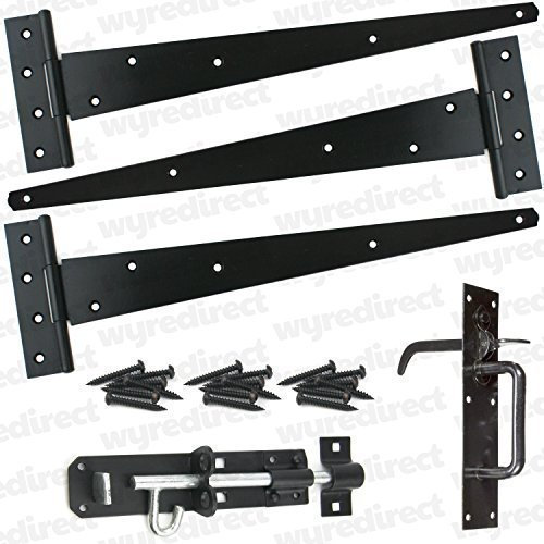 Wyre Direct Gate Hinges, Heavy Duty Door Hinges & T Hinges for Secure Garden Shed Gate, Hinges for Wood - Black Tee Hinges, Gate Fitting Kit 18 Hinge Set with Brenton Bolt Suffolk Latch in Black