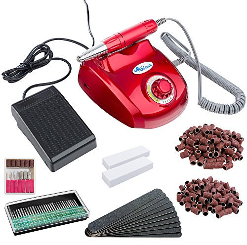 Sina Electric Nail File | 20,000 RPM | Variable Speed | 30 Diamond Cutters | 206 Abrasive Sleeves | Foot Pedal | Red