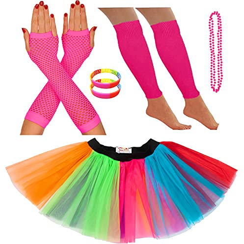 REDSTAR FANCY DRESS® Neon Tutu Skirt Leg Warmers Fishnet Gloves Necklace Beads and Neon Wrist Beads (14-22 UK, Rainbow)