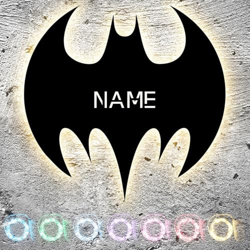 LEON FOLIEN XXL Fledermaus LED Schlummerlicht personalisiert mit Wunschtext Deko, Lasergravur Nachtlicht Abendlicht Geschenk Beleuchtung aus MDF Holz