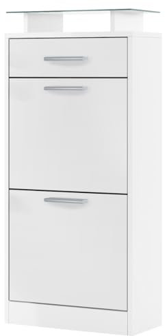 Vladon Schuhschrank Loret V2, Schuhkipper für 8 Paar Schuhe mit 2 Klappen, 1 Schublade und Glasablage, Weiß matt/Weiß matt (46 x 104 x 23 cm)