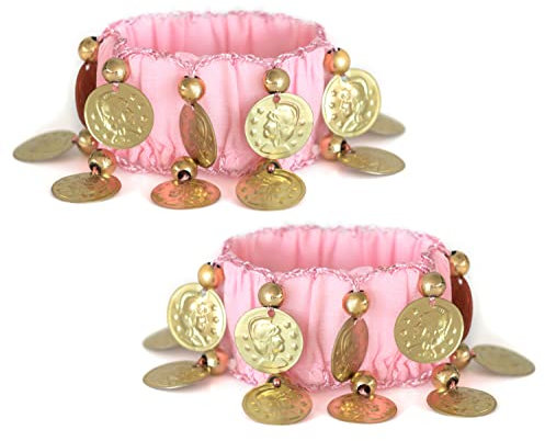 MyBeautyworld24 Belly-Dance Handkette (Paar) in rosa m. goldfarbenen Münzen Armband Handschmuck Fasching Bauchtanzen
