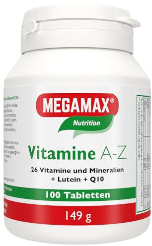 MEGAMAX Vitamine A–Z – Multivitamin-Mineralstoff-Komplex mit Vitamin C, D, Zink & Selen, Lutein & Q10 – 100 Tabletten
