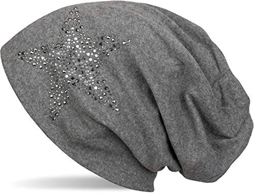 styleBREAKER Damen Beanie Mütze mit Strass Nieten Stern und Schmucksteine Silber-anthrazit, Slouch Longbeanie 04024087, Farbe:Grau meliert