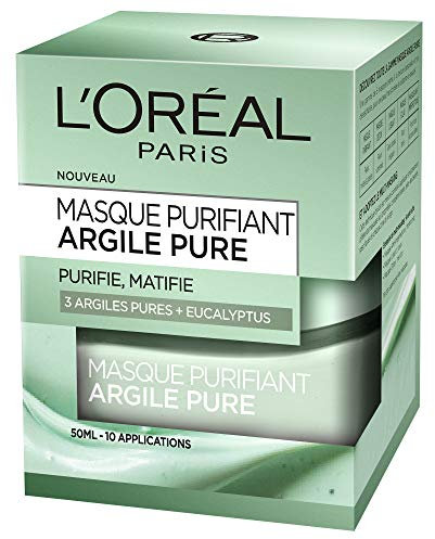 L’Oréal Paris - Masque Argile Visage Purifiant - Soin Matifiant & Anti-Fatigue - Aux 3 Argiles Pures & Extraits d'Eucalyptus - Résultats Rapides & Visibles - Tous Types de Peaux - 50 ml