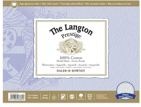 Daler-Rowney The Langton Prestige Watercolour Paper, Rough, 300 gsm, 140lb, Pad, Glued 4 Sides, 12 x 9in - 30.5 x 22.9 cm, Natural White, 12 Sheets