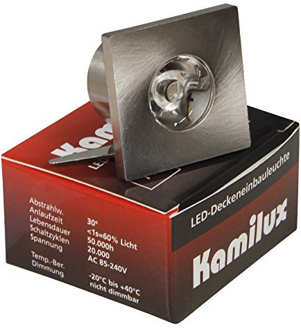 Kamilux 230V Mini LED Einbauleuchte/Lichtpunkt IP44 3W - Eckig inkl. Trafo Edelstahl geb. Optik 230V-Anschluß inkl. LED Trafo Lichtfarbe kalt-weiß für Dachüberstand/Vordach/Carport