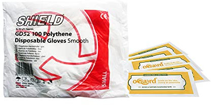 Shield Polythene Disposable Gloves and Oqard Cleansing Wipes (10 pack of gloves, Small)