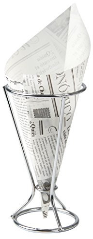 Fackelmann Fingerfoodhalter mit Spitztüten, Pommeshalter inklusive 5 fettabweisenden Papiertüten, Snackständer mit Tüten im Zeitungsdesign (Farbe: Silber, Weiß/Schwarz), Menge: 1 x Halter, 5 x Tüten