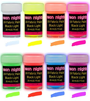 neon nights Neon Colour for Clothes and Fabrics Fluorescent Colours Glow Effect in Black Light 8 x 20 ml UV Paint Set