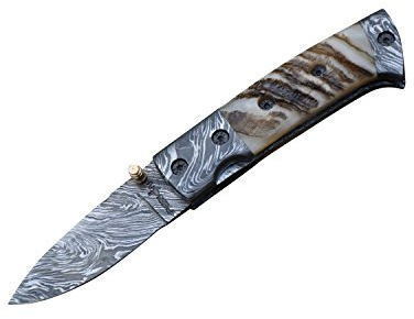 Damast Klappmesser mit Ledertasche
