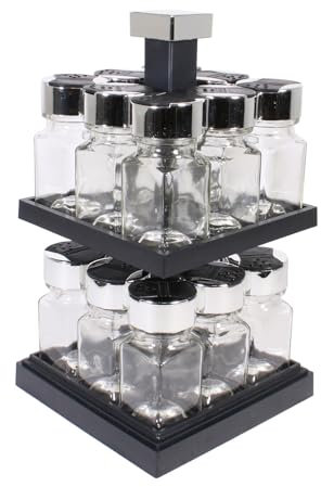 COOK CONCEPT KB5755 Carrousel à épices Distributeur carré rotatif 16 pots 2 étages Noir et transparent Plastique et verre Couvercles double clapets H29 x 16 x 16cm