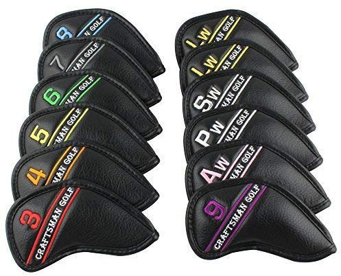 Craftsman Golf 12-teiliges schwarzes Golfschläger-Set aus Kunstleder mit bunten Zahlenstickereien, einfach das benötigte Bügeleisen für Callaway, Ping, Taylormade, Cobra usw. erhalten.