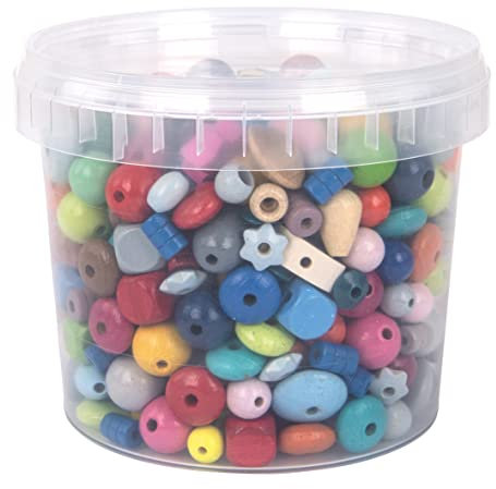 Rayher Holzperlen bunt, speichelfest, Größe 4-16 mm ø, 380g-Eimer, 1209500