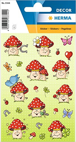 HERMA 3344 Aufkleber Fliegenpilz Glück klein, 54 Stück, Kleeblatt Sticker mit Hufeisen Schmetterlinge Marienkäfer, Etiketten für Fotoalbum Hochzeit Tagebuch Poesiealbum Scrapbooking Liebe Deko Briefe
