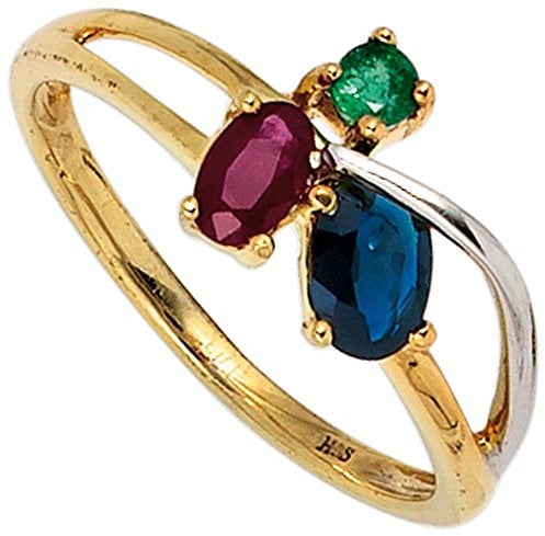 Jobo Damen-Ring aus 14 Karat 585 Gold Bicolor mit Rubin Safir Smaragd Größe 50