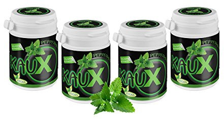 kauX Xylitol Zahnpflege-Kaugummi ohne Aspartam, 4'er Pack Peppermint (60g=40 Stück pro Dose)