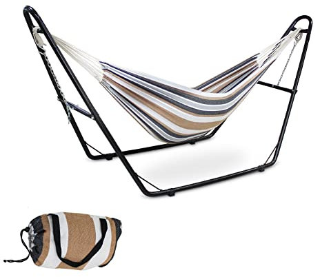Todeco Hamac sur Pied, Hamac 2 Places avec Support, Ajustable Hauteur Support Hamac Metal Sac de Transport pour Intérieur Extérieur, Jardin, Patio, Camping, Plage, Charge Maximale 200kg, Marron