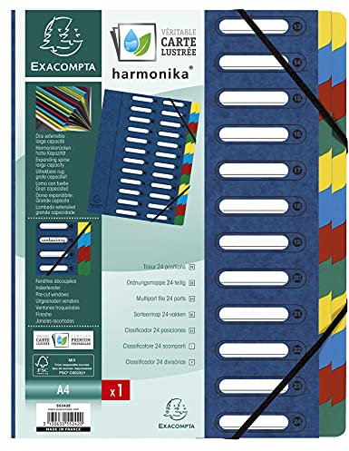Exacompta 55242E Premium Ordnungsmappe Harmonika. Aus extra starkem Colorspan-Karton DIN A4 24 Fächer und 2 Gummizüge mit Indexfenster und dehnbarem Rücken Register-Mappe blau