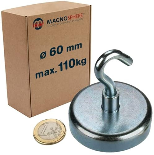 Magnethaken Neodym Magnet mit Haken - Ø 60 mm - Neodym (NdFeB) Zink - Hält 110 kg - Topfmagnet mit Haken (Hakenmagnet) - starke Magnete (Supermagnete) mit extremer Haftkraft für Industrie und Zuhause
