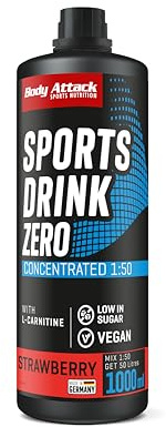 Body Attack Zero Sports Drink Sirup Strawberry 1000 ml | mit Vitaminen & Mineralstoffen, zuckerarm, nur 12 kcal pro Liter, mit L-Carnitin, vegan, 200 Portionen