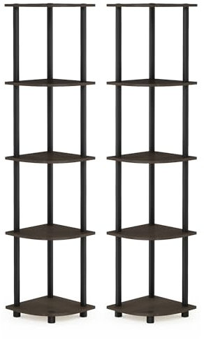 Furinno Turn-N-Tube 5-stufiges Eckregal-Mehrzweckregal, Dunkelbraune Maserung/Schwarz, 2er-Set