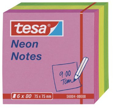 tesa Notes Haftnotizen neon, lösungsmittelfrei, stark haftend, rückstandsfrei ablösbar, 6 x 80 Blatt, grün/gelb/pink, 75 mm x 75 mm