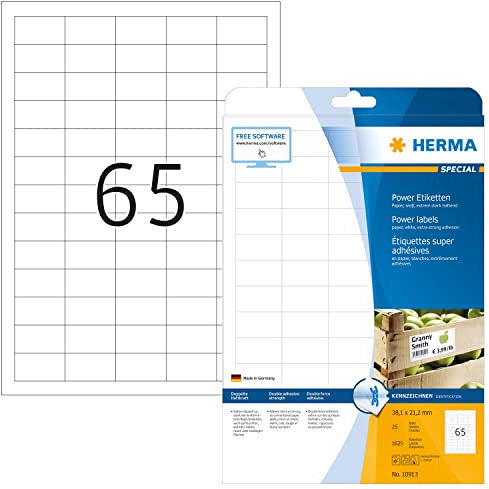 HERMA Extra Strong Adhesive Labels, 65 Labels per A4 Sheet, 25 Sheets, 38.1 x 21.2 mm, 1625 Labels, Blank Heavy Duty Labels Stickers, Sticky Labels for Laser & Inkjet Printer, White