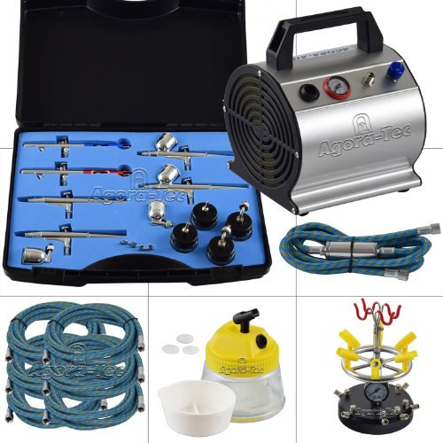 Agora-Tec® Airbrush Komplett-Set ADVANCED VI, Komplettsystem für Airbrushanwendungen, inkl. Kompressor mit 3,1 bar und 20l/min & 0.3l Tank + 6 Airbrushpistolen mit 4 versch. Nadeln/Düsen + 8-fach Pistolenhalter + Clean Pot + 7 Schläuche