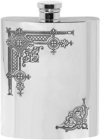 English Pewter Company SF263 6oz Gothic Pewter Hip Flask - Handmade in Sheffield, England