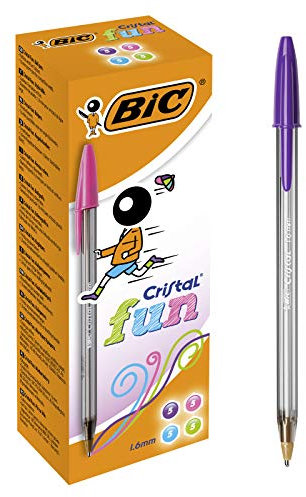 BIC Cristal Fun - Bolígrafos de punta ancha (1.6 mm), Caja de 20 unidades, color morado, rosa, verde lima y turquesa