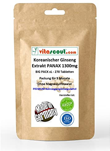 Koreanischer Ginseng PANAX Extrakt 1300mg pro Tablette – Hochdosiert, Vegan, Made in Germany, Ohne Magnesiumstearat, 270 Tabletten