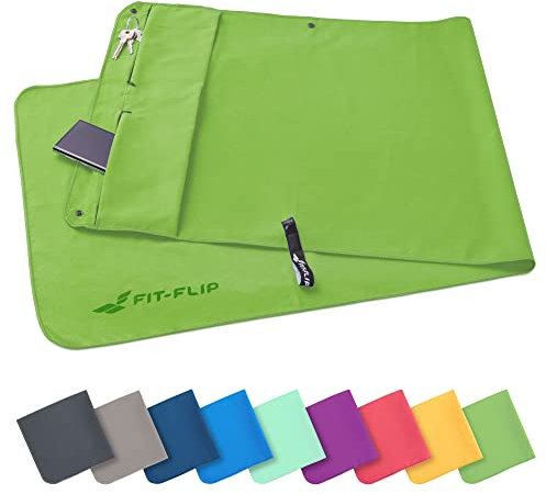 Fit-Flip Fitness Handtuch aus Mikrofaser - mit Magnet und Reißverschluss Tasche - Fitnesshandtuch für Sport und Gym - Kompakt & Schnelltrocknend - Sporthandtuch Fitnessstudio - Grün - 130x48cm