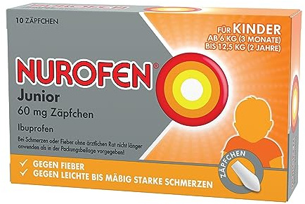 Nurofen Junior 60mg Zäpfchen – Mit Ibuprofen zur Linderung von Fieber und Schmerzen – Für Kinder und Säuglinge ab 3 Monaten – 1 x Blisterpackung mit 10 Stück