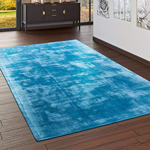Paco Home Teppich Handgefertigt Hochwertig 100% Viskose Vintage Aufällig Meliert In Türkis, Grösse:80x150 cm