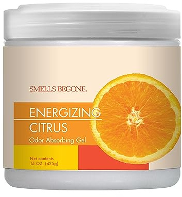 SMELLS BEGONE 15 oz Air Freshener Odor Absorber Gel - Absorbs Odor from Bathrooms, Cars, Pet Areas, Boats & RVs - Made with Essential Oils - Energizing Citrus Scent